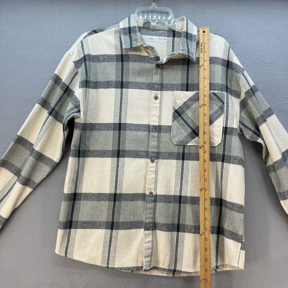 Zara Button Down Top Women's Size 13/14 Beige Plaid Woven Long Sleeve Flannel - Picture 4 of 10